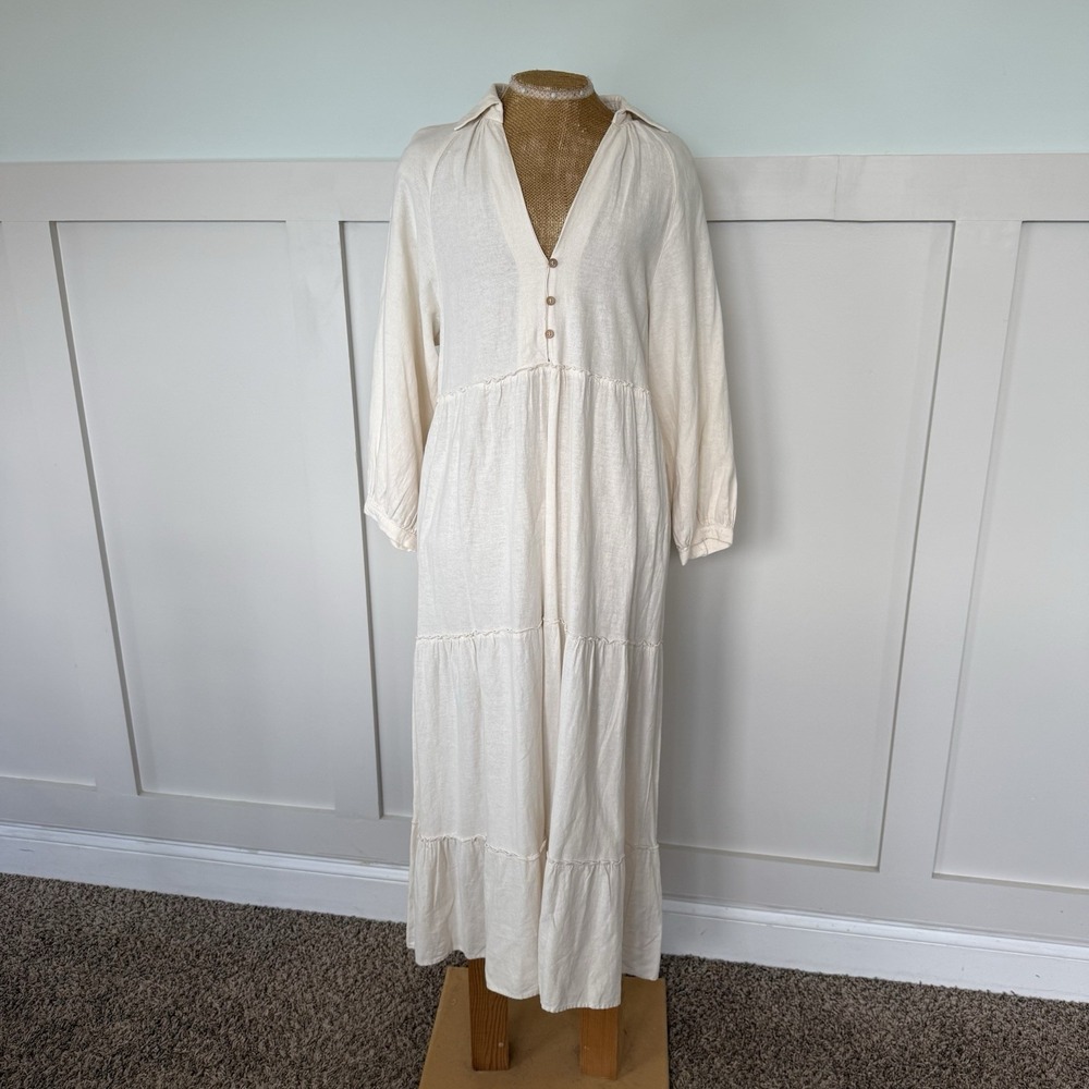 ZARA Linen Blend Midi Dress SMALL Cream Peasant Cottage Beach Boho Minimalist
